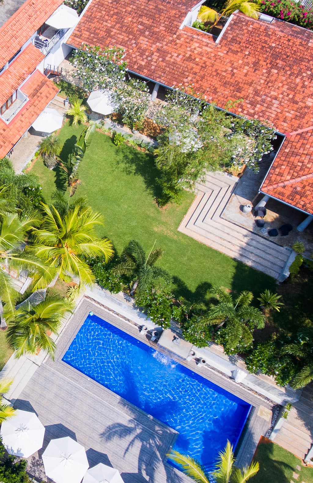 Aerial view of Tropical House Jungleside Villa, Hikkaduwa, Sri Lanka.